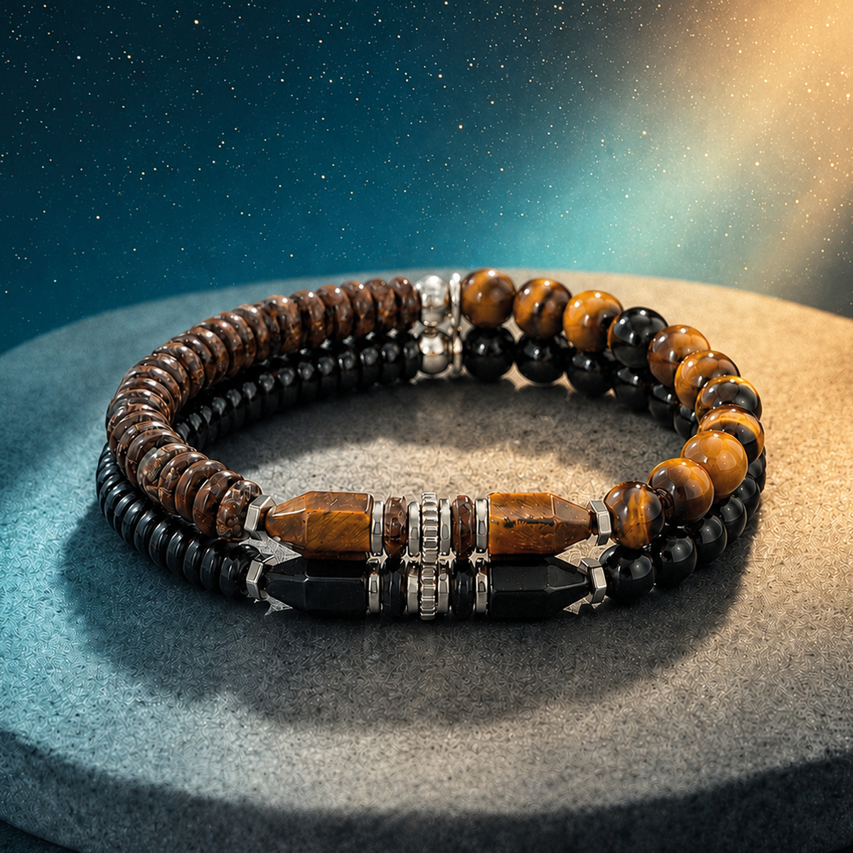 Totem Disc Bead Bracelet in Black Agate With Sterling Silver