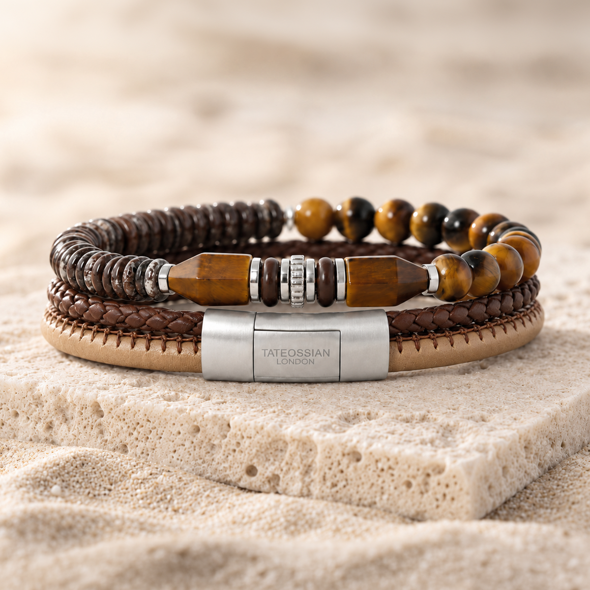 Totem Disc Bead Bracelet in Tiger Eye With Sterling Silver