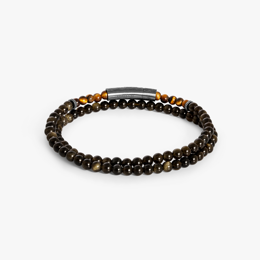 Tubo Graffiato Double Wrap Beaded Bracelet in Tiger Eye & Gold Obsidian With Sterling Silver| Limited Edition