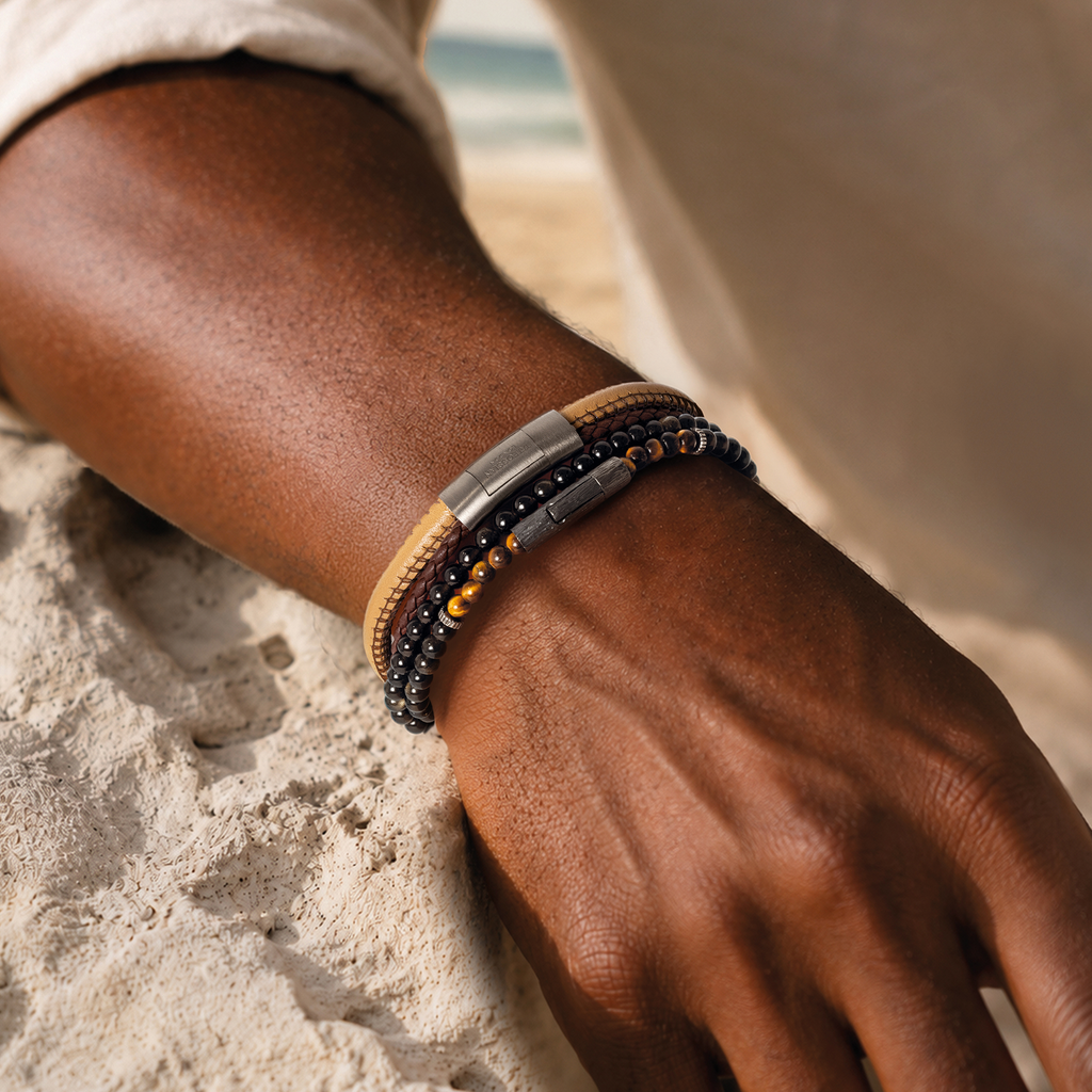 Tubo Graffiato Double Wrap Beaded Bracelet in Tiger Eye & Gold Obsidian With Sterling Silver| Limited Edition