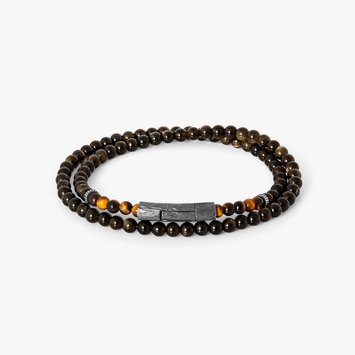 Tubo Graffiato Double Wrap Beaded Bracelet in Tiger Eye & Gold Obsidian With Sterling Silver| Limited Edition
