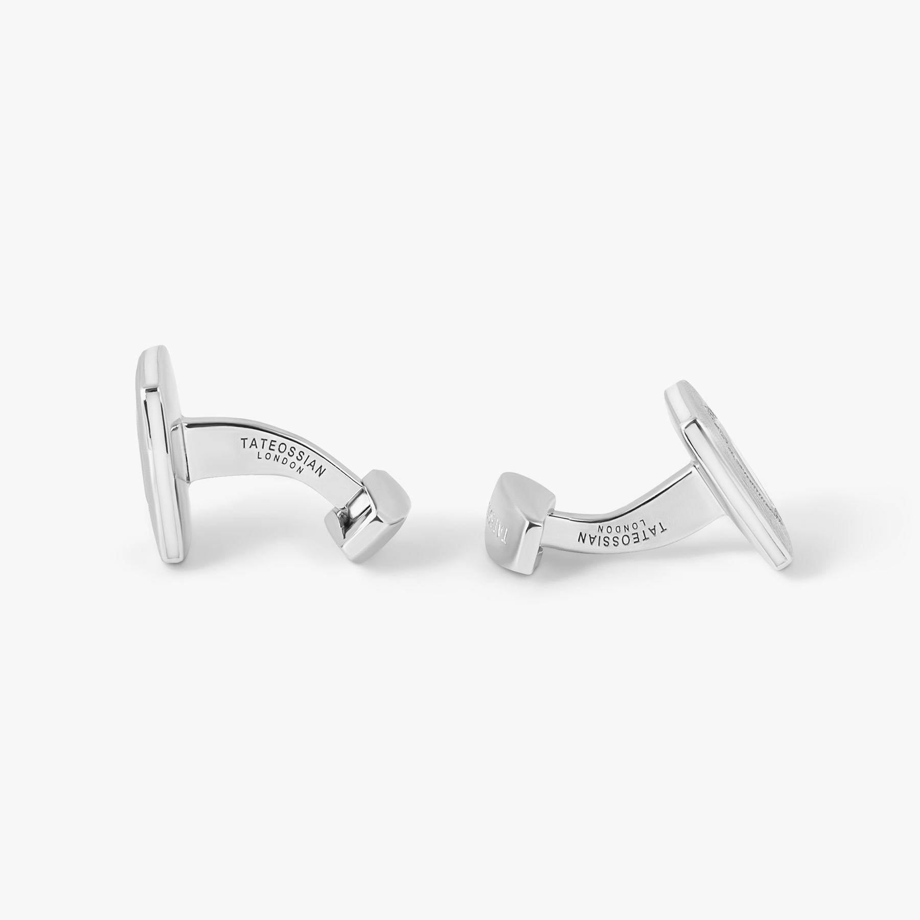 Round Square Graffiato Cufflinks In Rhodium Plated Sterling Silver With White Mother Of Pearl and White Sapphires