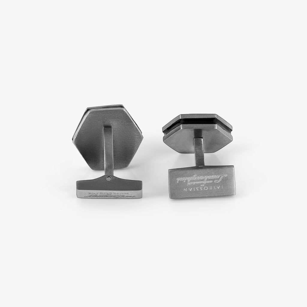 Automobili Lamborghini Hex Cufflinks & Shirt Studs in Titanium with Black Enamel showcasing hexagonal design and brushed finish.