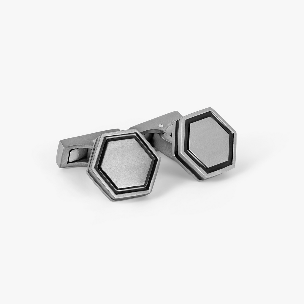 Automobili Lamborghini Hex Cufflinks & Shirt Studs in Titanium with Black Enamel featuring hexagonal brushed titanium design.