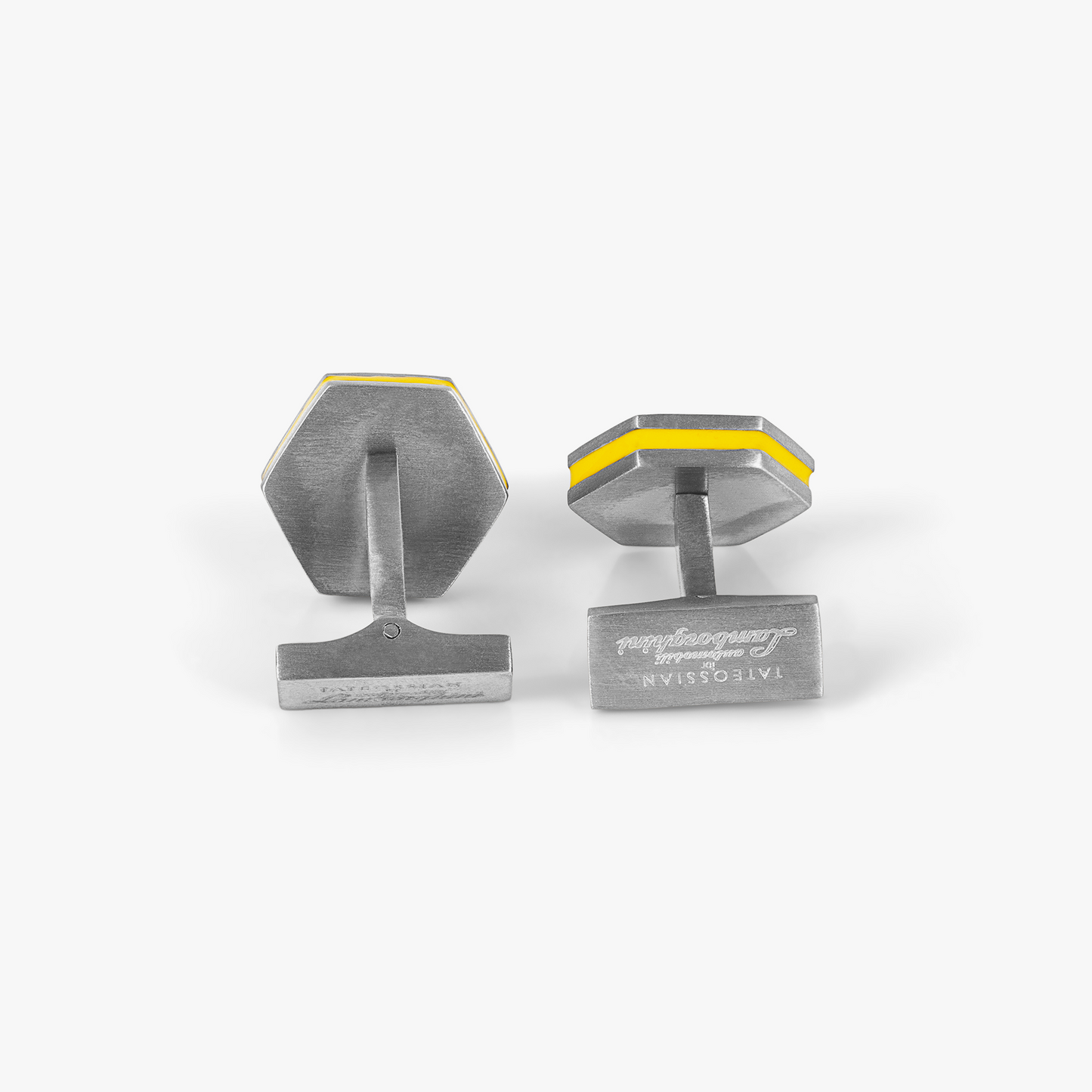 Automobili Lamborghini Hex Cufflinks & Shirt Studs In Titanium With Yellow and Black Enamel