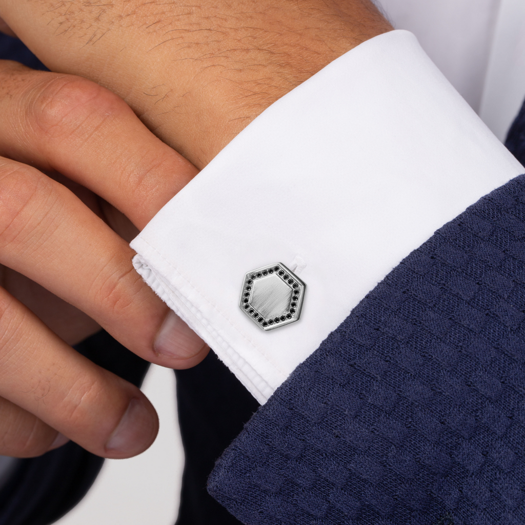 Automobili Lamborghini Hex Cufflinks In Titanium With Black Diamonds