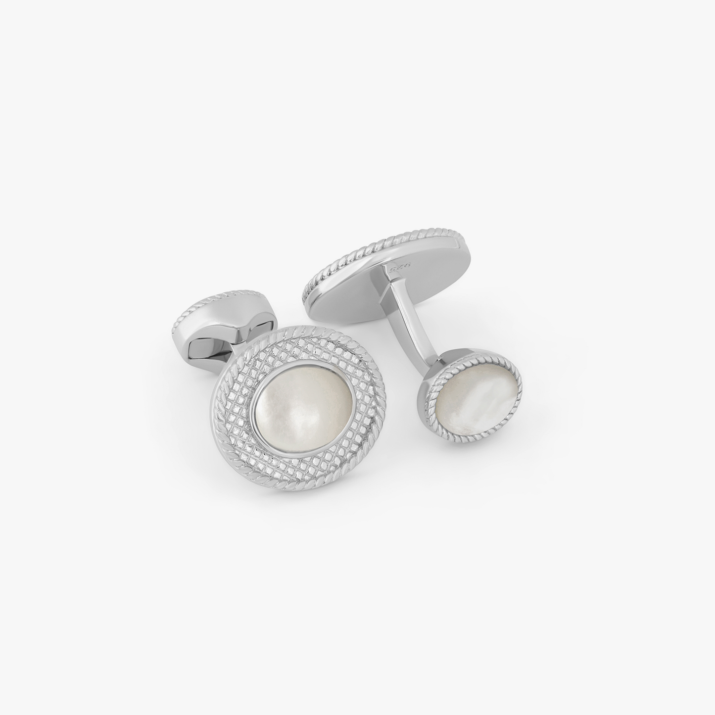 Cable Oval Cufflinks In Sterling Silver with White MOP