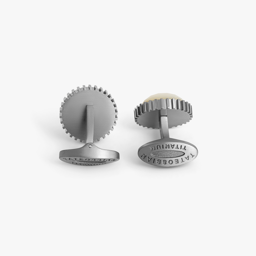 Aurora Domed Gear Titanium Cufflinks with White Mother of Pearl