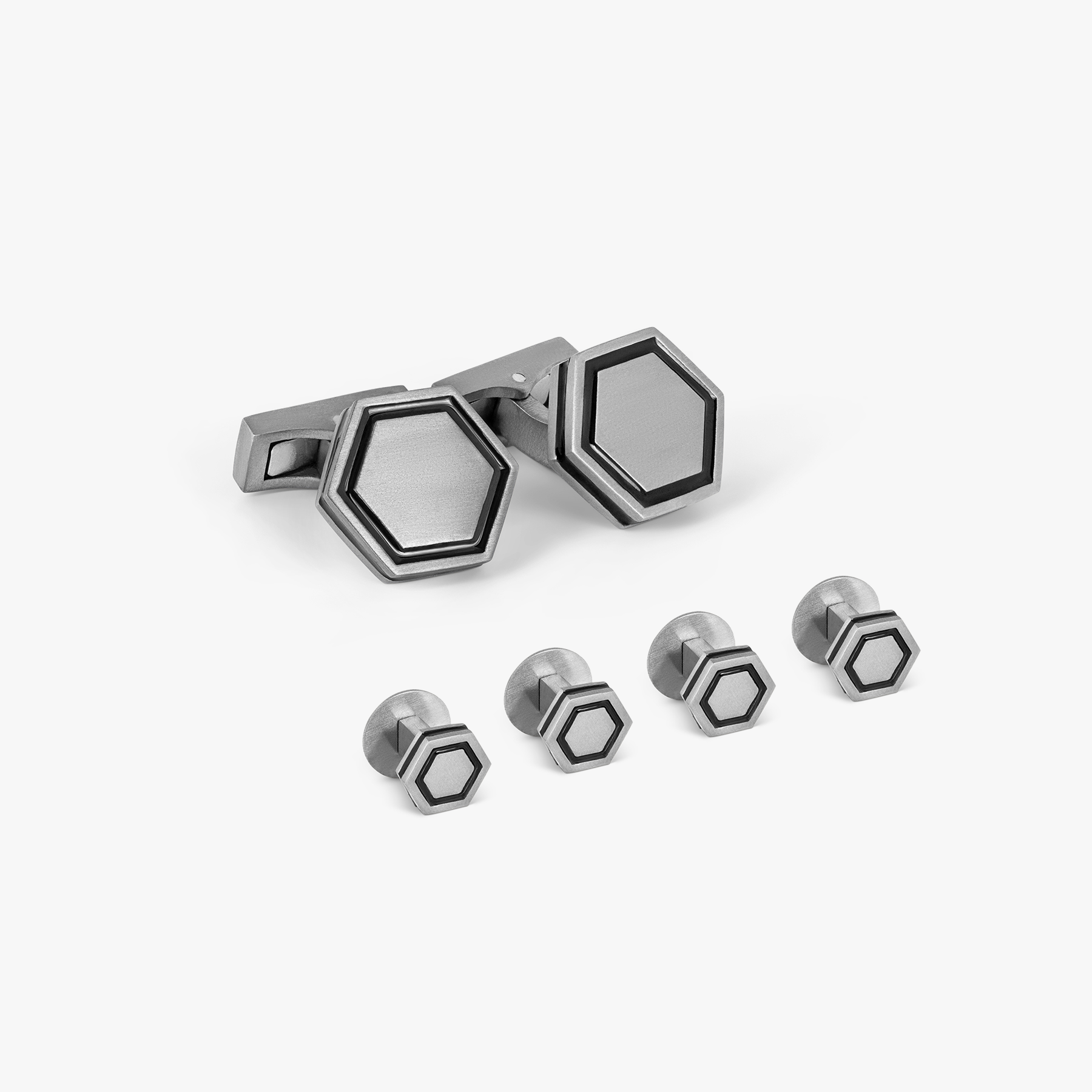 Automobili Lamborghini Hex Cufflinks & Shirt Studs in Titanium with Black Enamel, hexagonal brushed design.