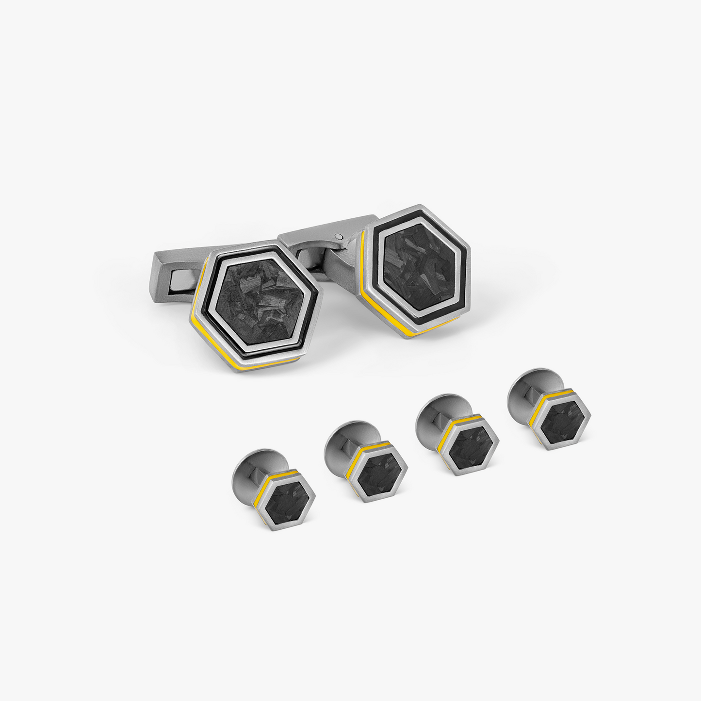 Automobili Lamborghini Hex Cufflinks & Shirt Studs In Titanium With Yellow and Black Enamel