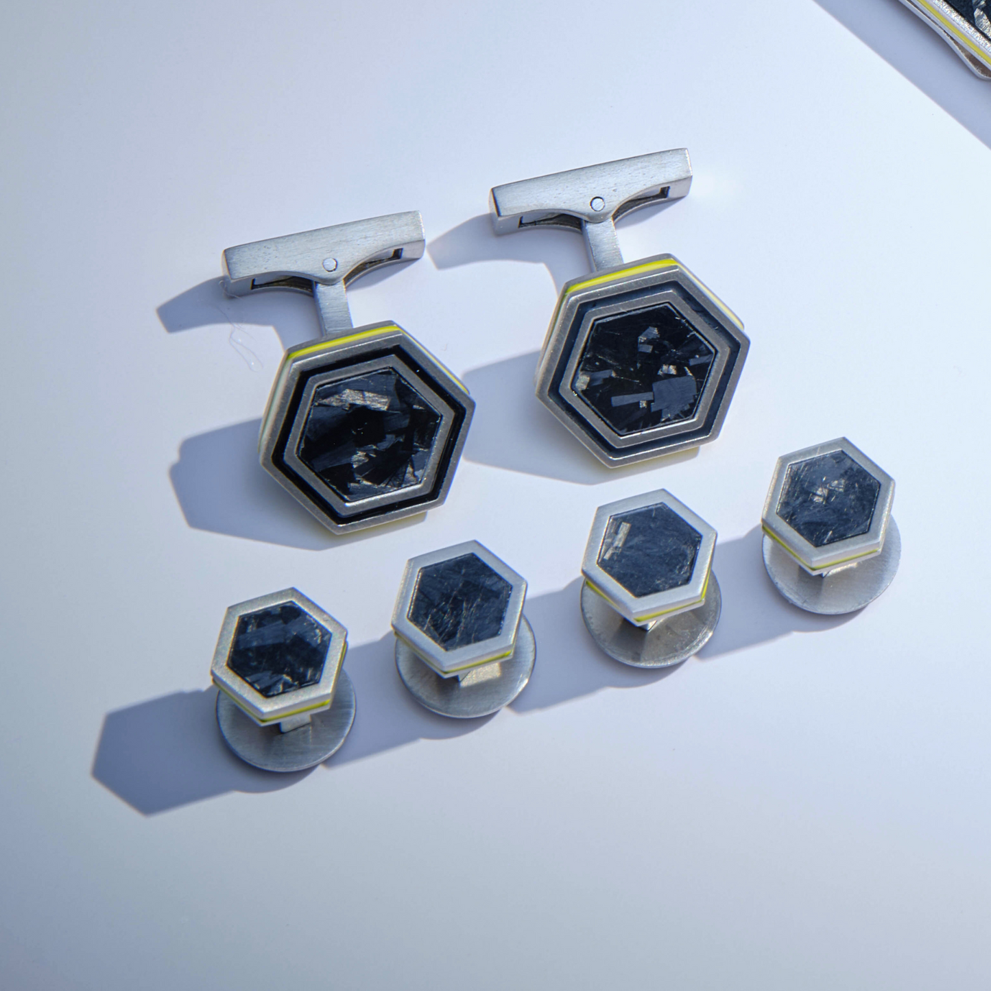 Automobili Lamborghini Hex Cufflinks & Shirt Studs In Titanium With Yellow and Black Enamel