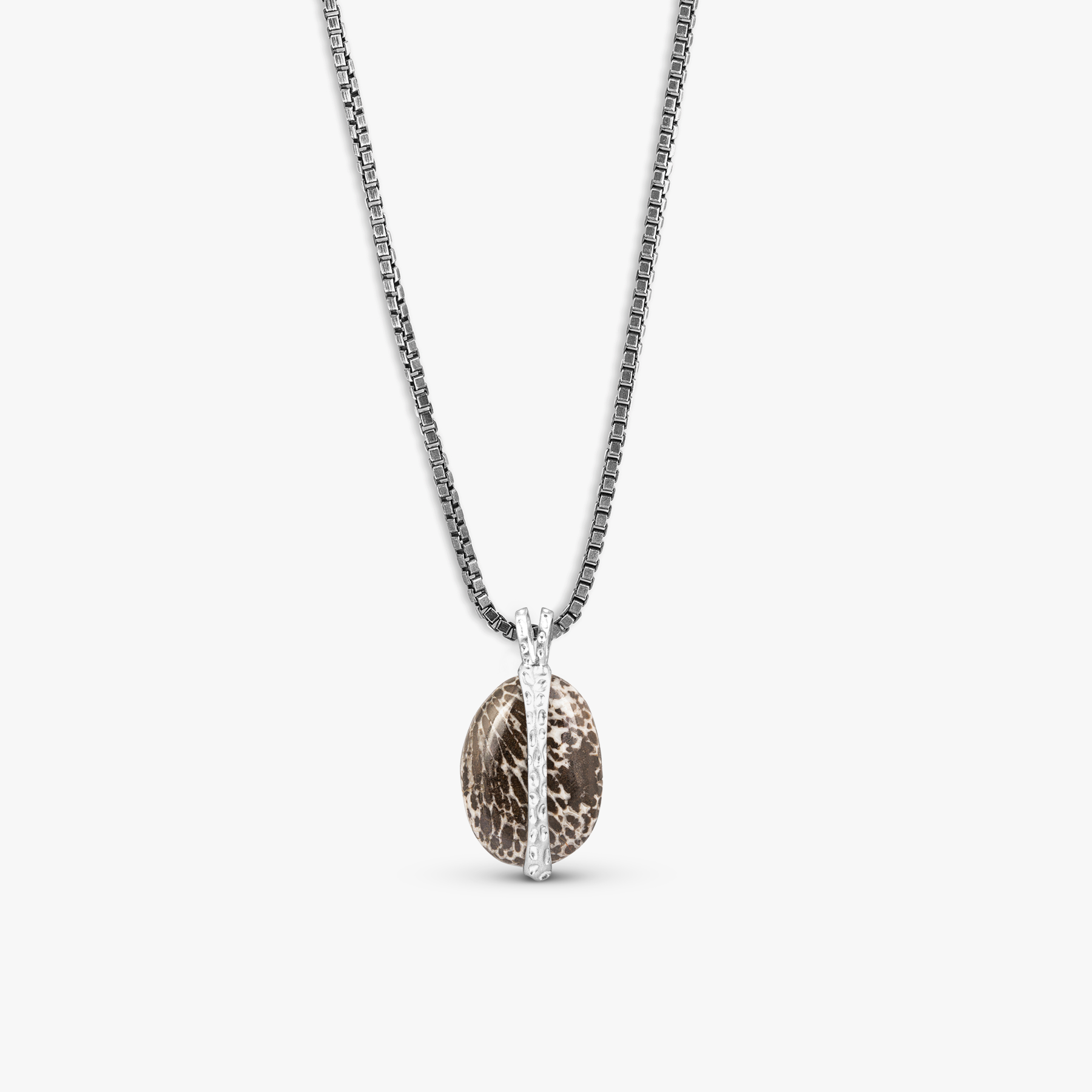 Bryozoan Pebble Necklace In Rhodium Plated Sterling Silver With Fossilised Coral
