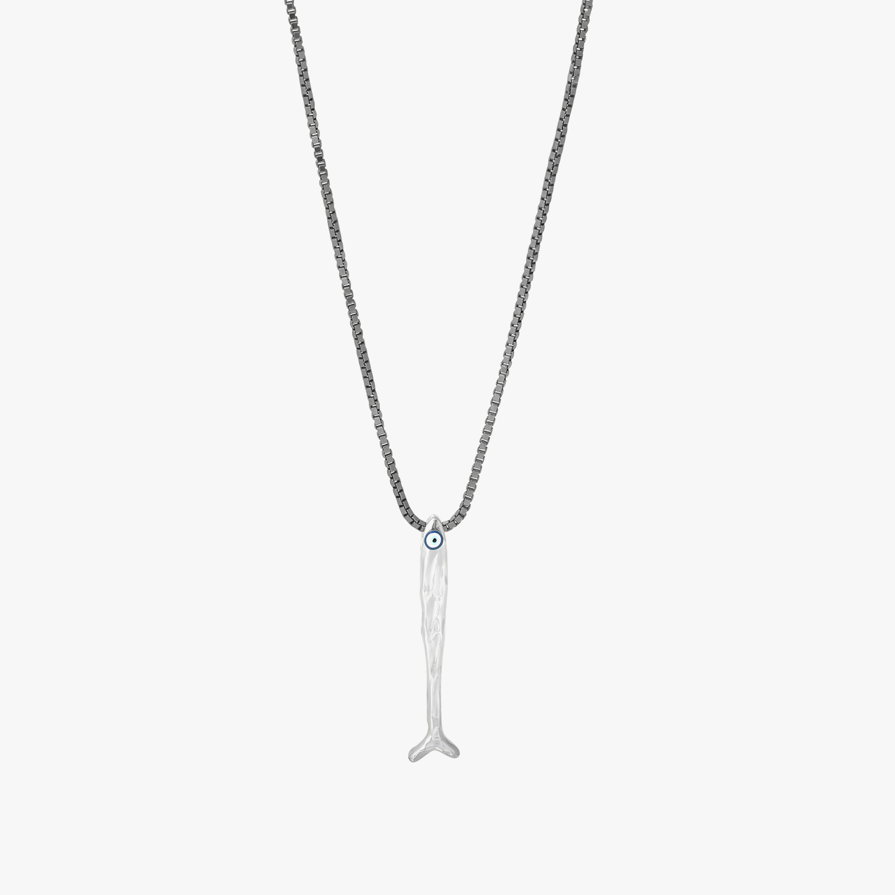 Feng Shui fish necklace in sterling silver with blue enamel evil eye pendant on a 1.5mm box chain.