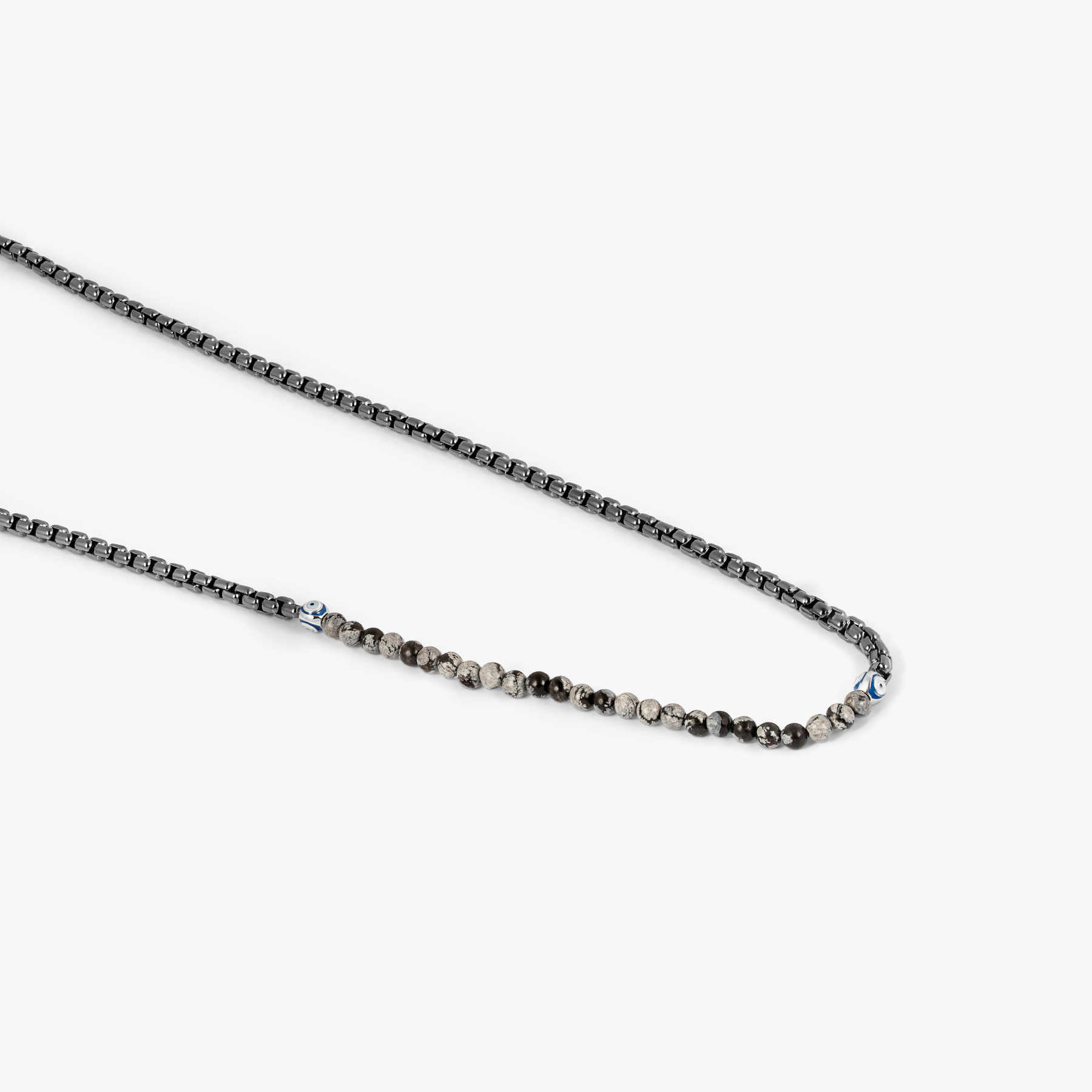 Sennit Catena Evil Eye Necklace In Ruthenium Plated Sterling Silver With Snowflake Obsidian