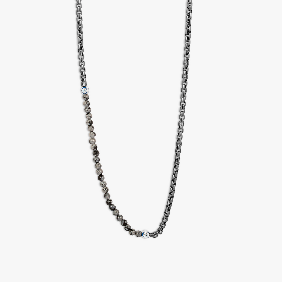 Sennit Catena Evil Eye Necklace In Ruthenium Plated Sterling Silver With Snowflake Obsidian