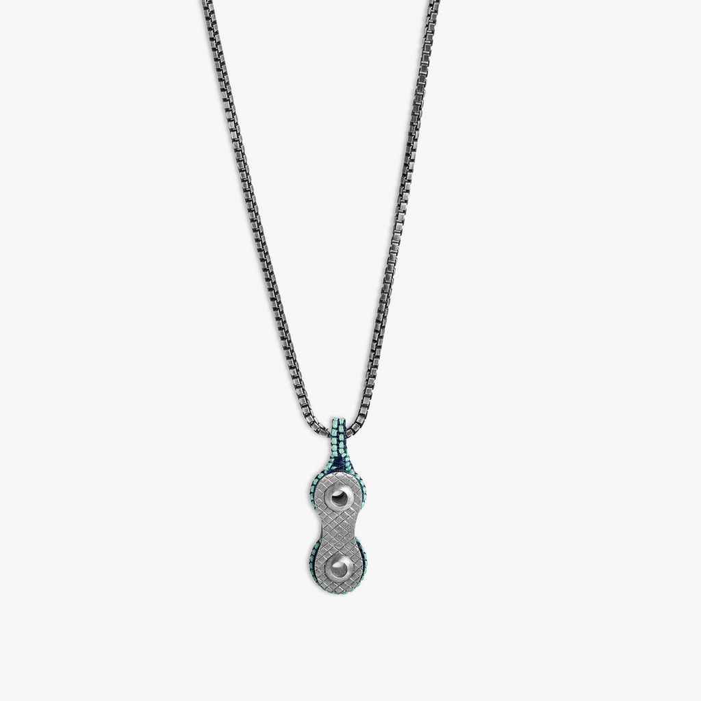 Bici Chain Pendant Necklace in Sterling Silver with Blue Macramé