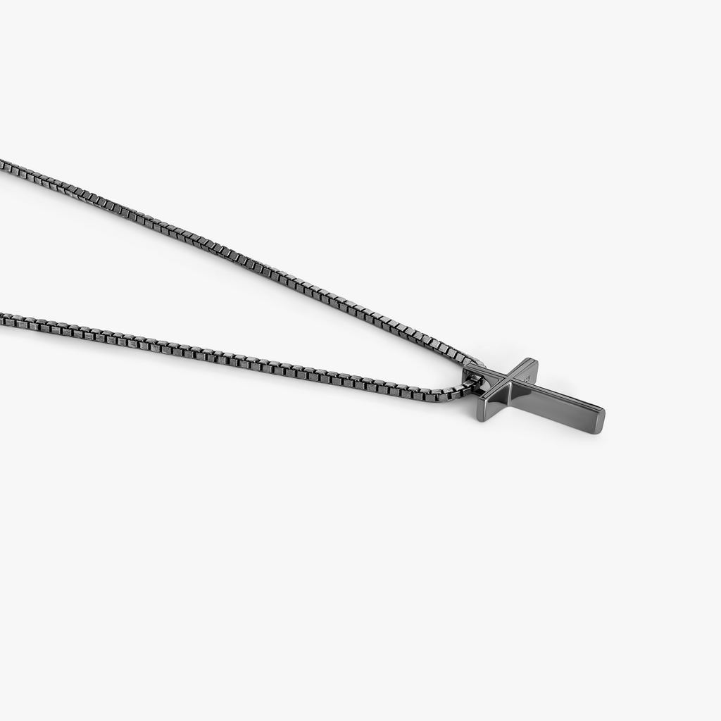 Cross Necklace with Evil Eye in Black Ruthenium Plated Sterling Silver
