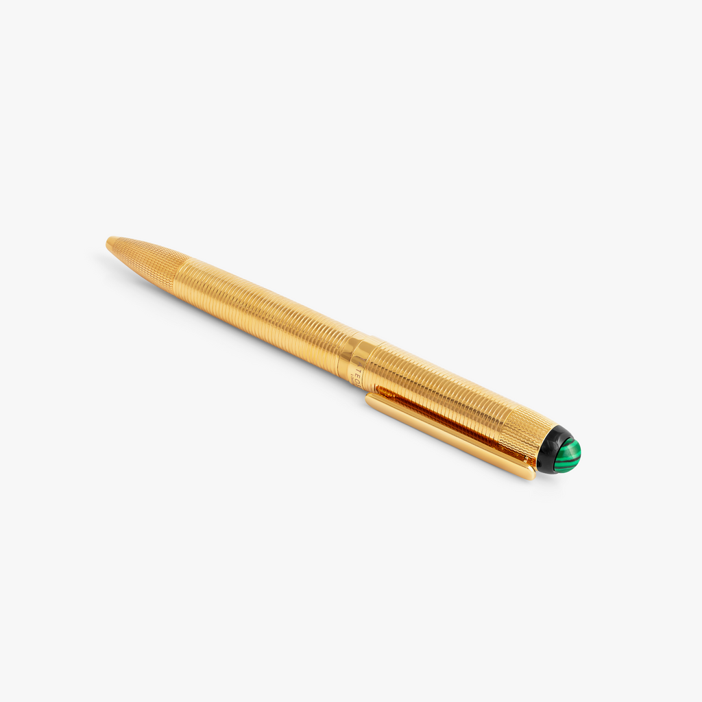 Cabochon Ribbed IP Gold Ballpoint Pen with Green Malachite