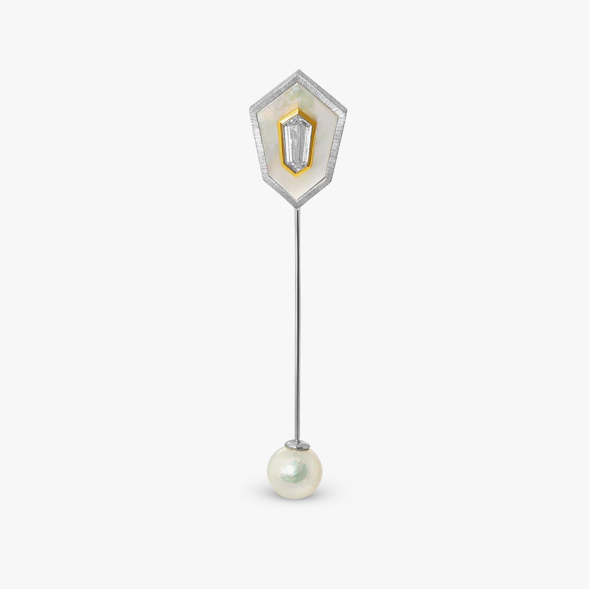 Art Deco Shield Diamond & Pearl Lapel Pin in Sterling Silver