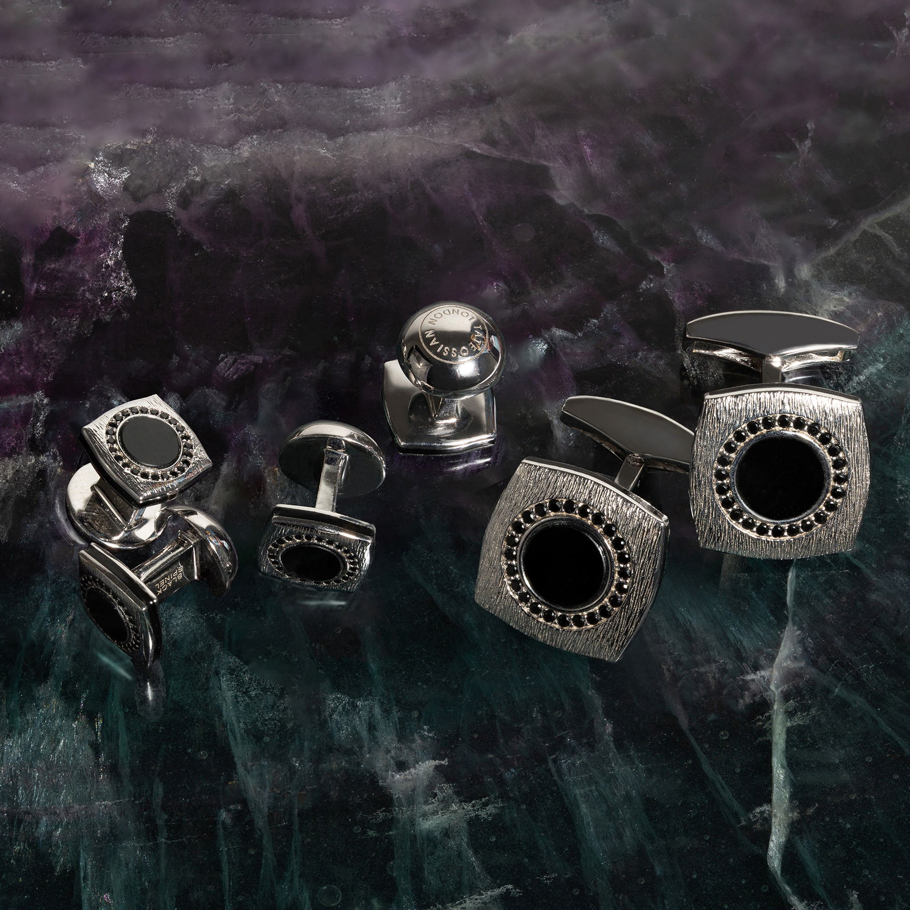 Round Grafiatto Square Cufflinks & Shirt Studs In Sterling Silver With Onyx