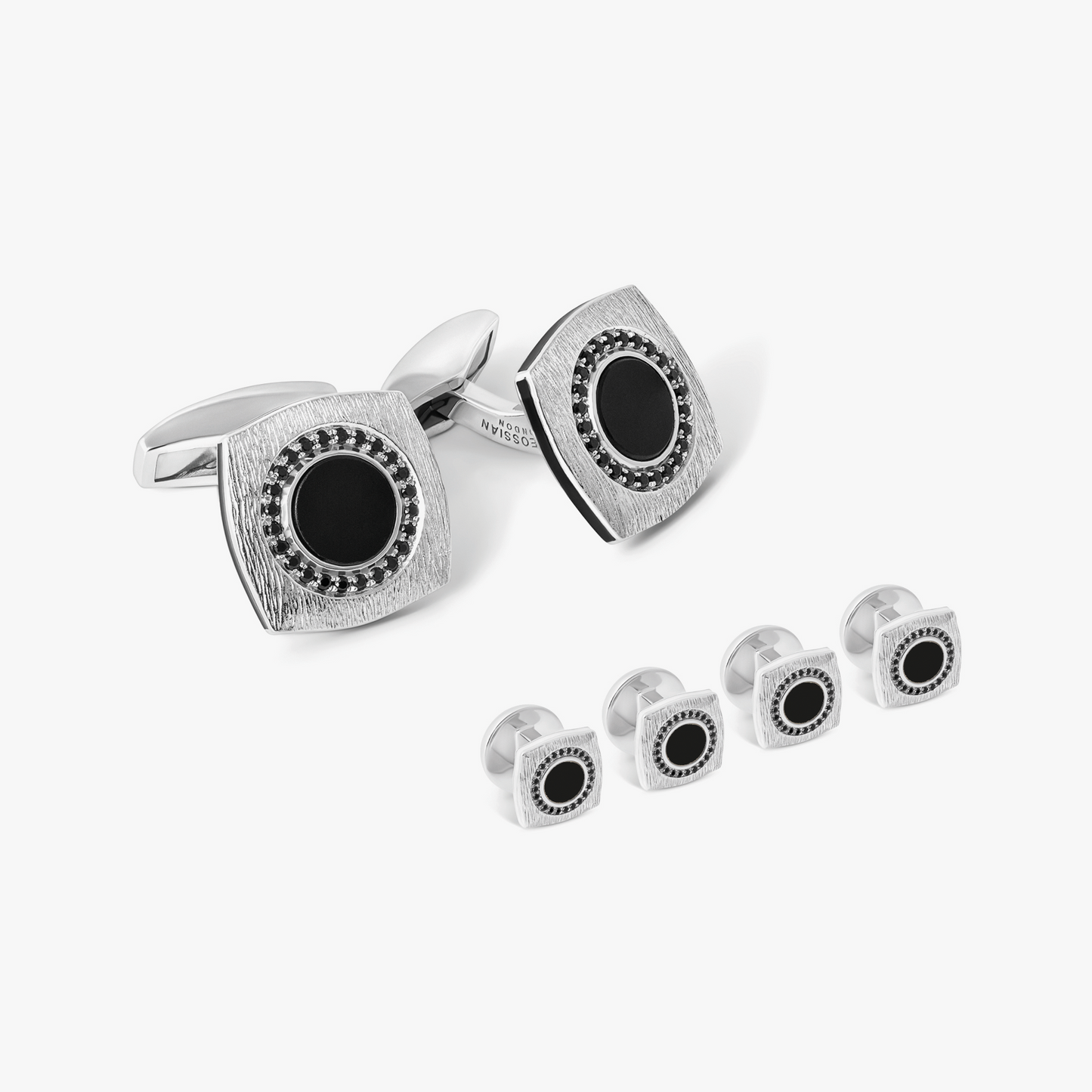 Round Grafiatto Square Cufflinks & Shirt Studs In Sterling Silver With Onyx