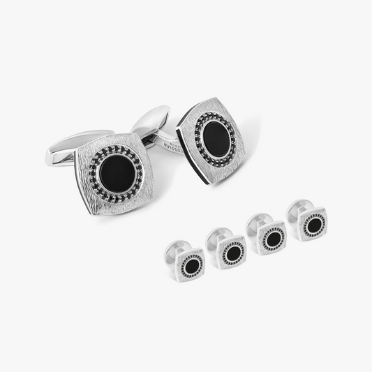 Round Grafiatto Square Cufflinks & Shirt Studs In Sterling Silver With Onyx