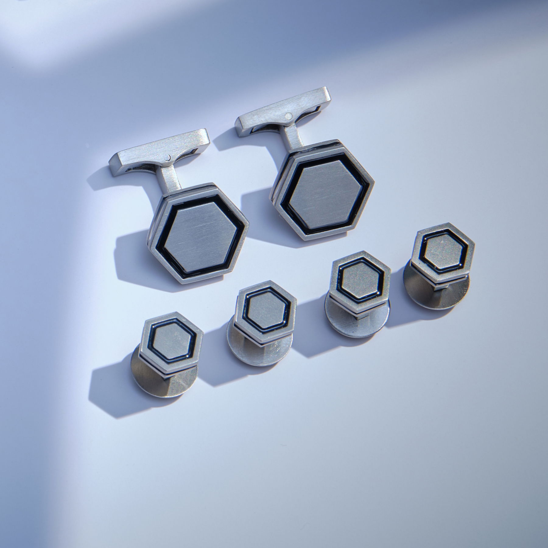 Automobili Lamborghini Hex Cufflinks & Shirt Studs in Titanium with Black Enamel hexagonal design set