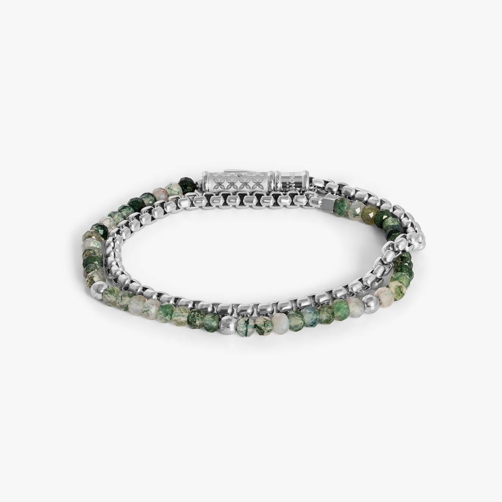 THOMPSON Lucky Clover Double Wrap Bracelet in Moss Agate With Stainless Steel