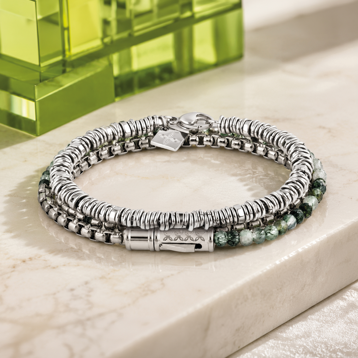THOMPSON Lucky Clover Double Wrap Bracelet in Moss Agate With Stainless Steel