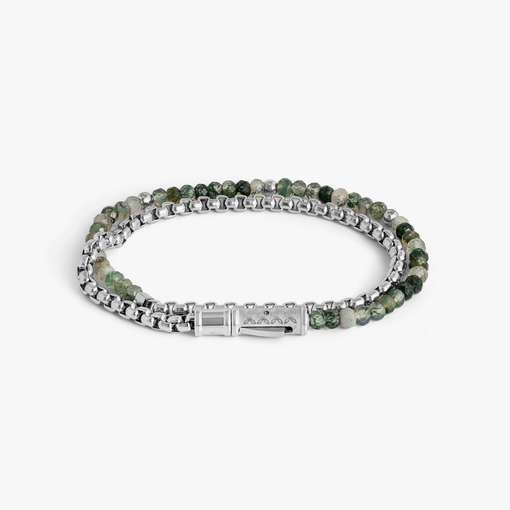 THOMPSON Lucky Clover Double Wrap Bracelet in Moss Agate With Stainless Steel
