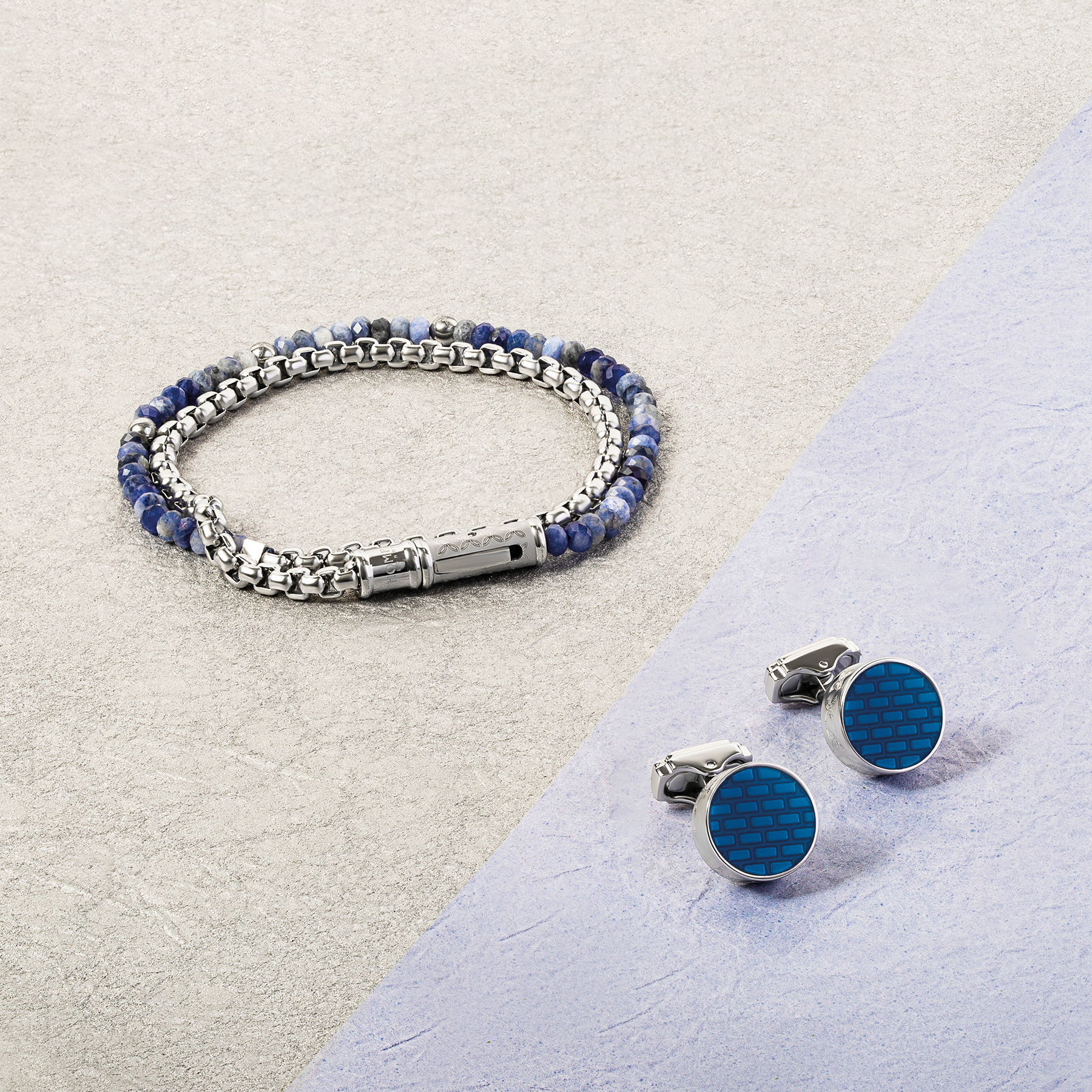 THOMPSON Brick Cufflinks In Rhodium plated Base Metal With Blue Enamel