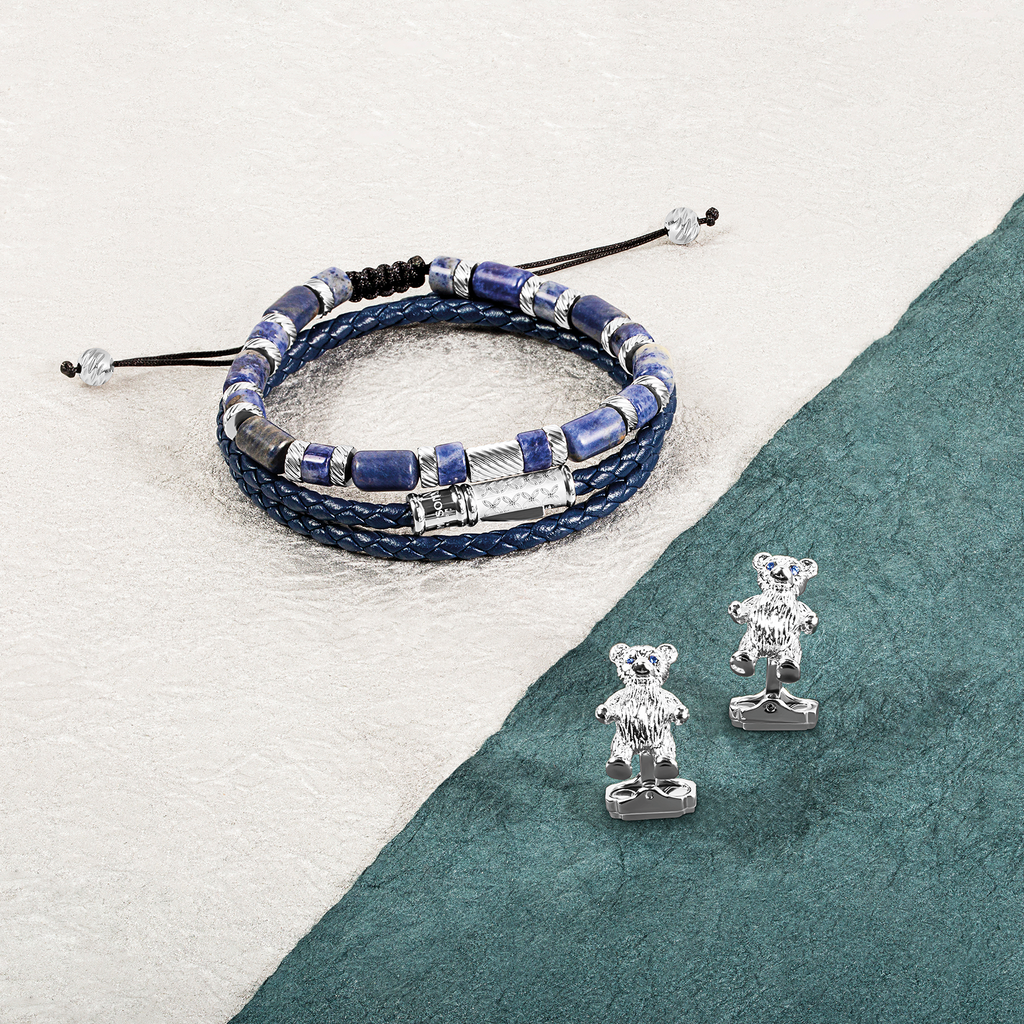 THOMPSON Teddy Bear Cufflinks In Palladium plated Base Metal With Blue Crystal