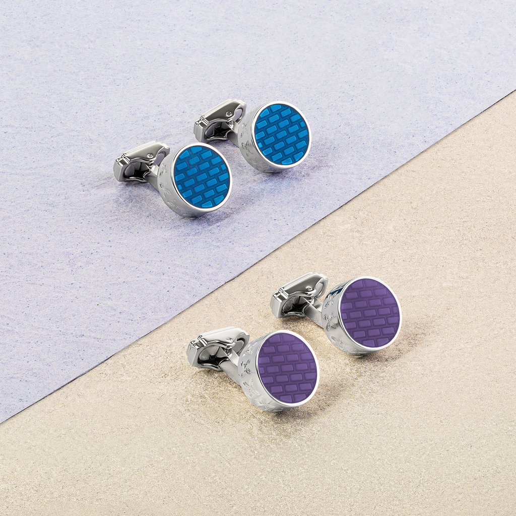 THOMPSON Brick Cufflinks In Rhodium plated Base Metal With Lilac Enamel