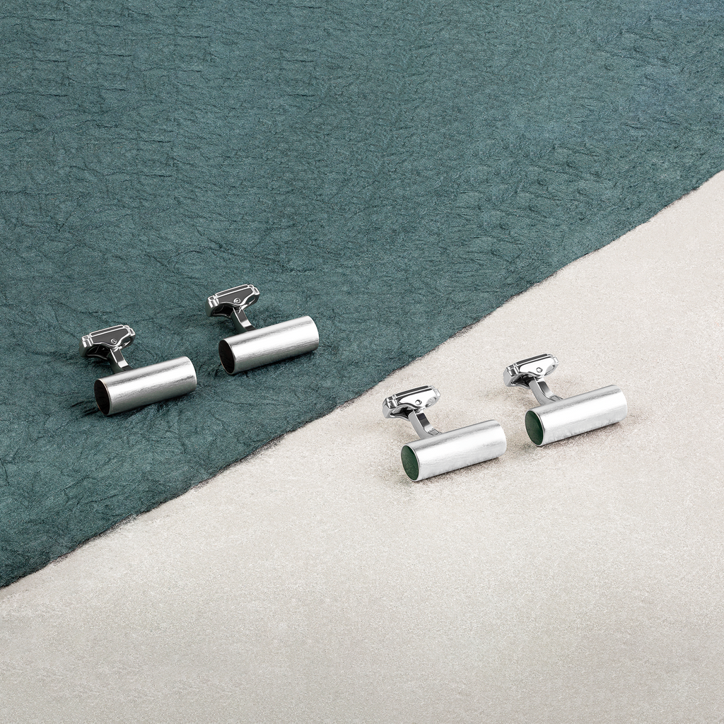 THOMPSON Cylinder Cufflinks In White Bronze plated Base Metal With Green Enamel