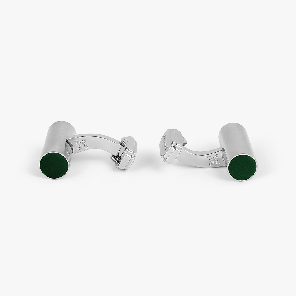 THOMPSON Cylinder Cufflinks In White Bronze plated Base Metal With Green Enamel