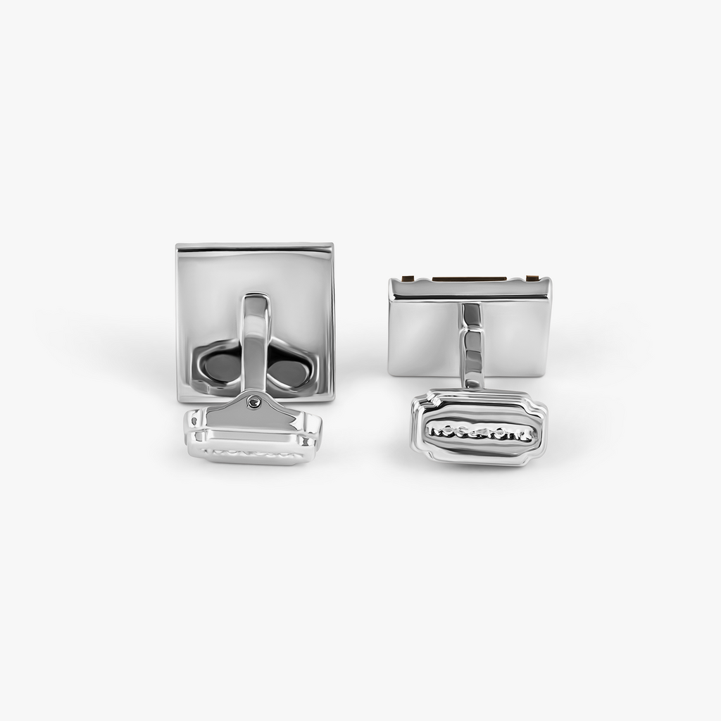 THOMPSON D-Shape Semi-Precious Cufflinks In White Bronze plated Base Metal With Onyx