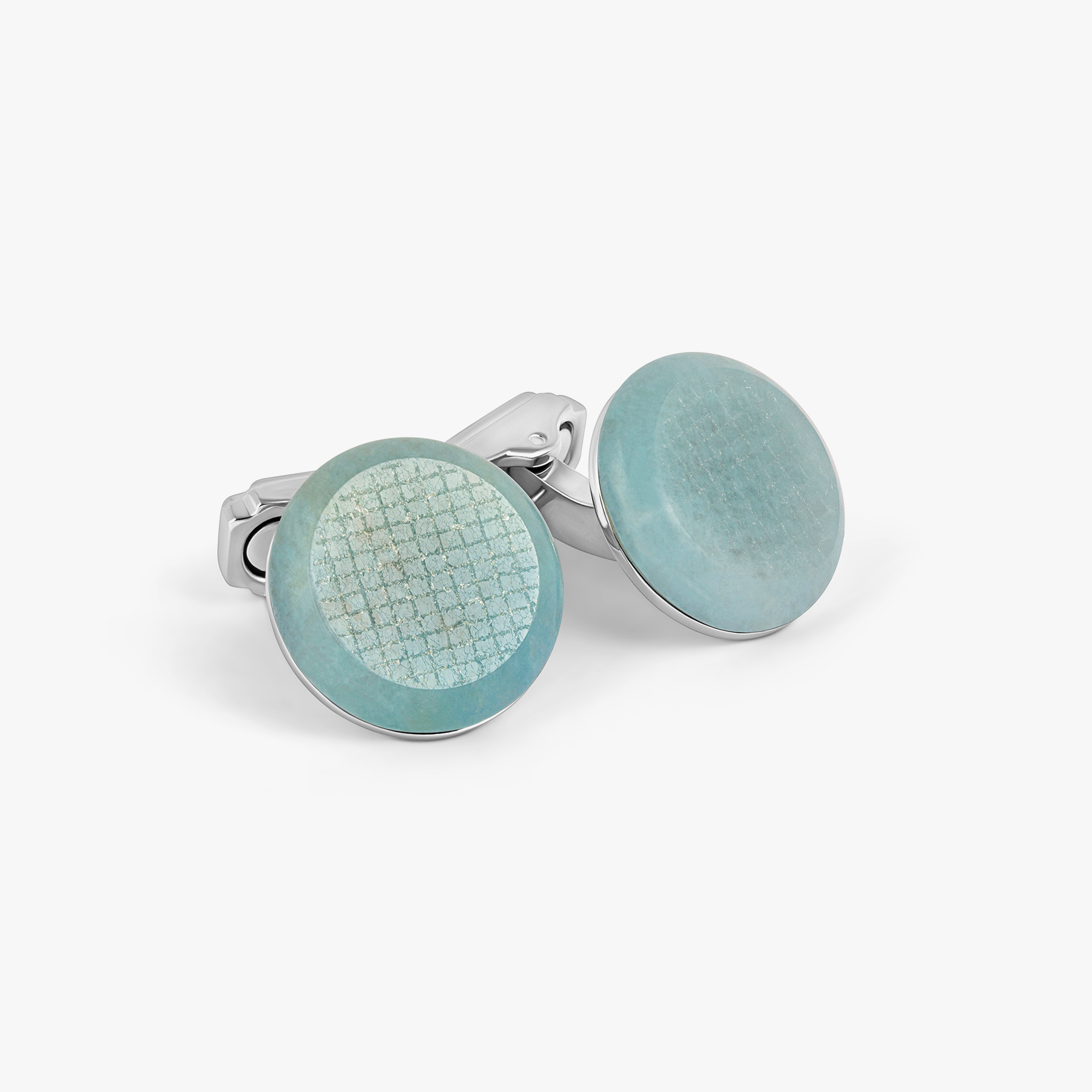 THOMPSON Woven Round Cufflinks In White Bronze plated Base Metal With Blue Jade
