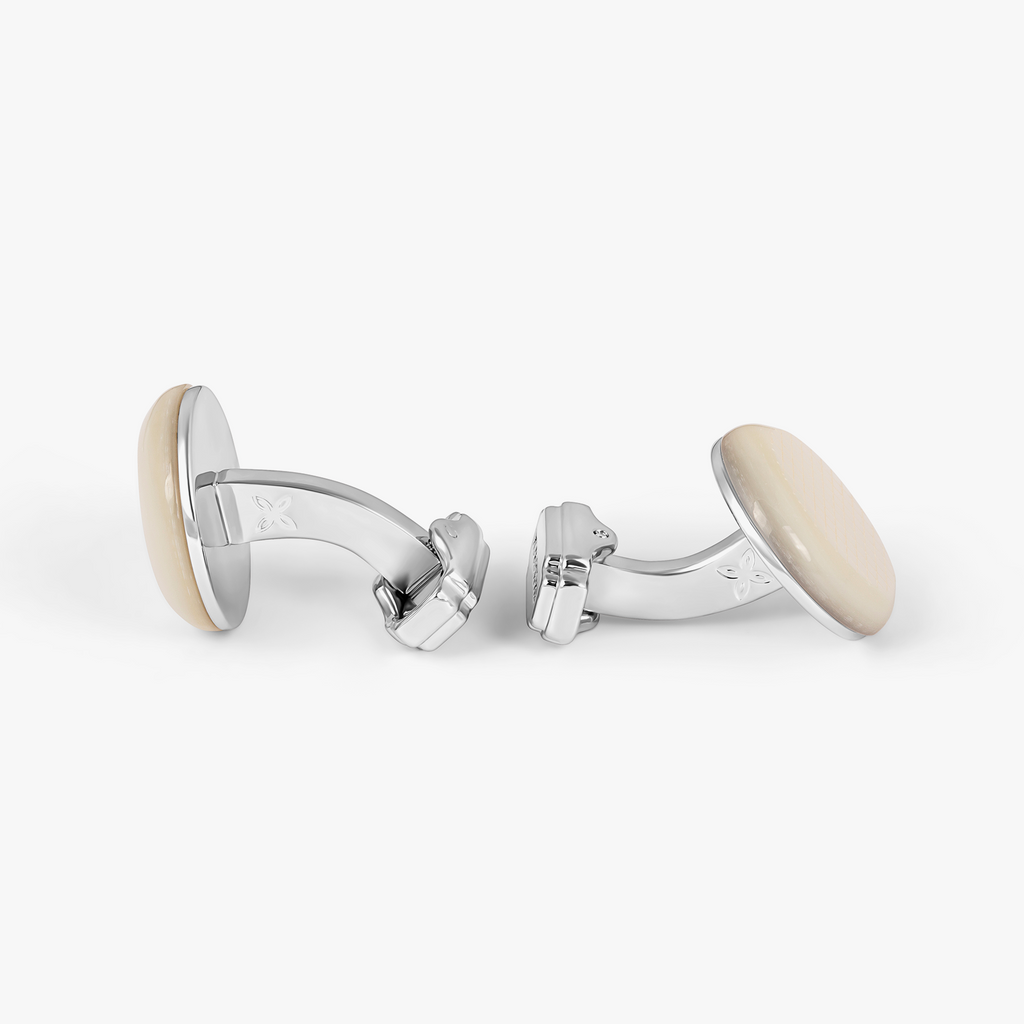 THOMPSON Woven Round Cufflinks In White Bronze plated Base Metal With White Mother Of Pearl