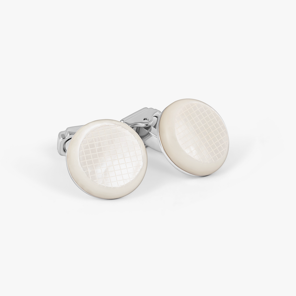 THOMPSON Woven Round Cufflinks In White Bronze plated Base Metal With White Mother Of Pearl