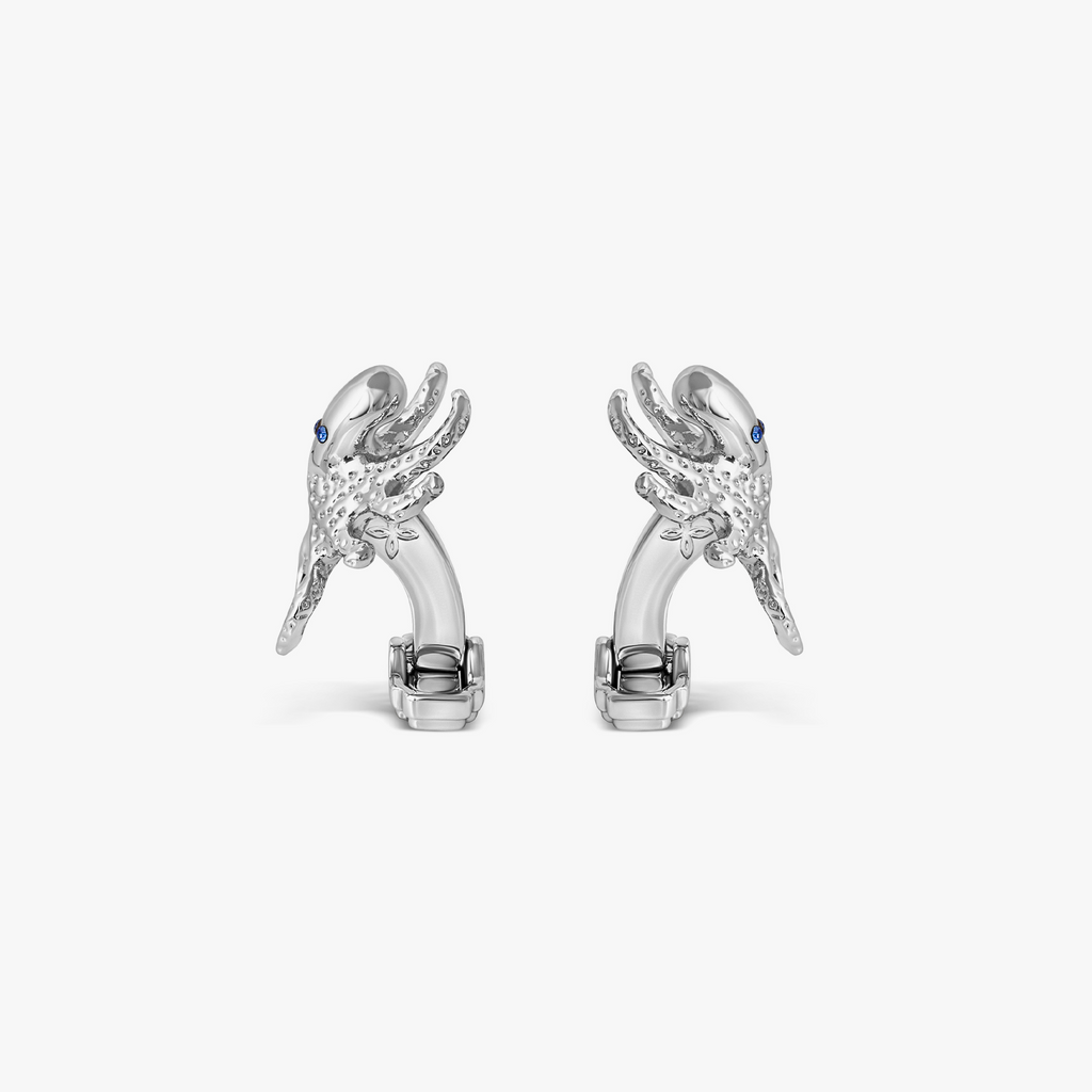 Thompson Octopus Cufflinks In Palladium plated Base Metal With Blue Swarovski Crystal