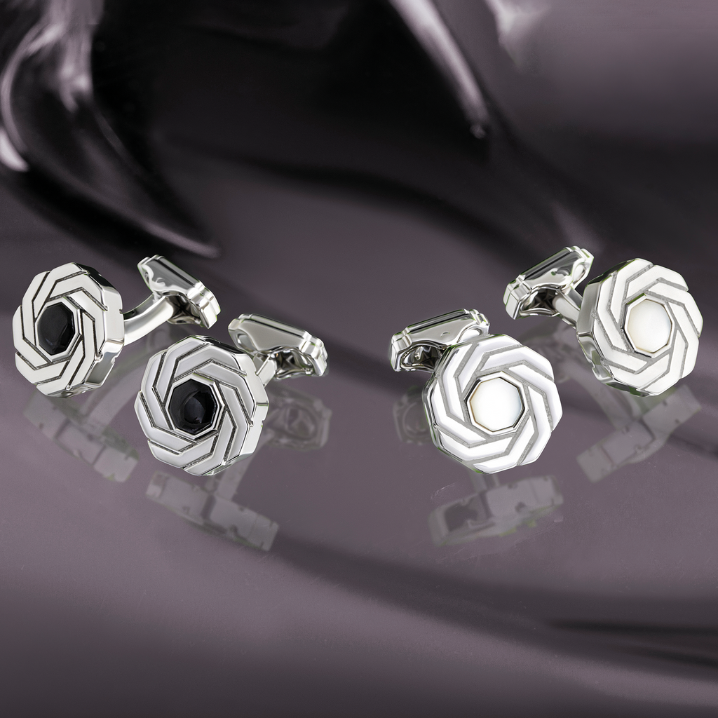 Thompson Octagon Insignia Cufflink in Palladium Plated with White MOP