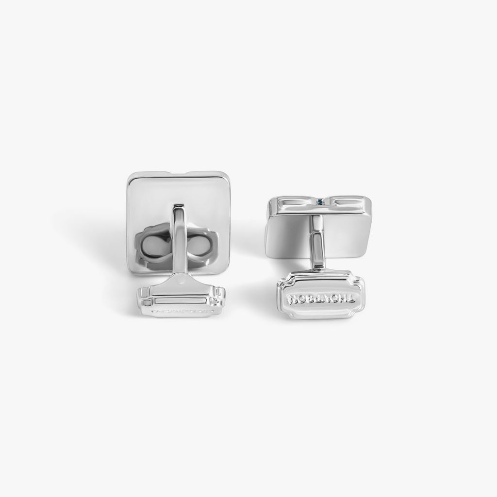 Thompson Duo Square Links Cufflink In Palladium Plated with Navy Enamel