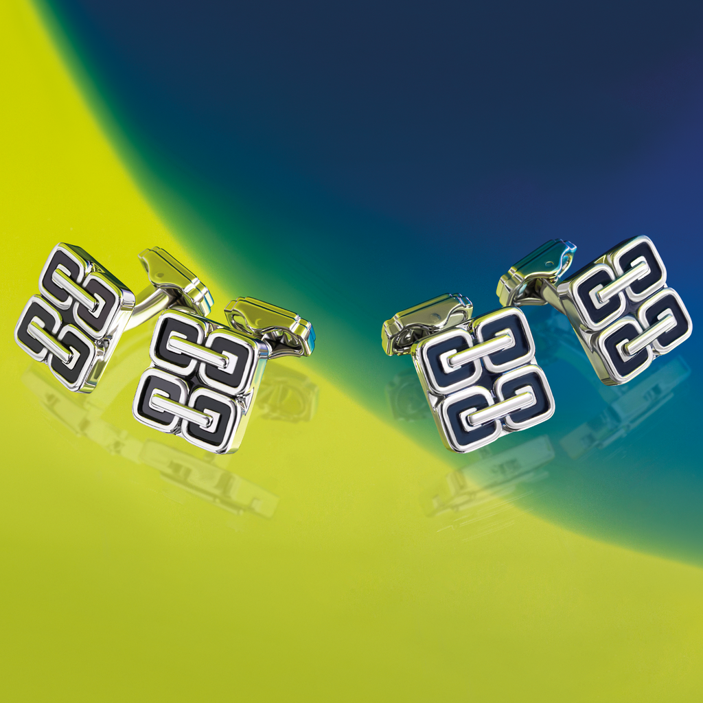 Thompson Duo Square Links Cufflink In Palladium Plated with Navy Enamel