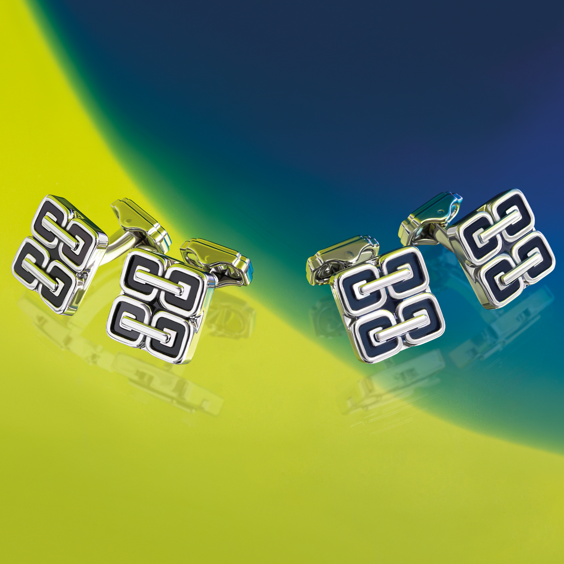 Thompson Duo Square Links Cufflink In Palladium Plated with Navy Enamel