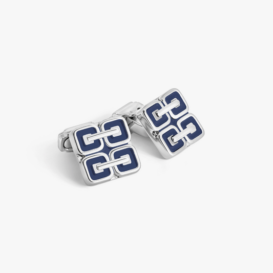 Thompson Duo Square Links Cufflink In Palladium Plated with Navy Enamel