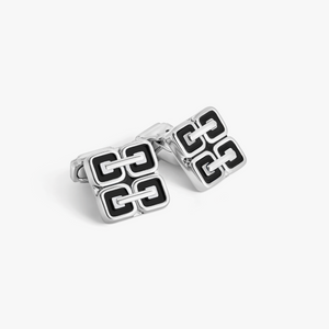 Thompson Duo Square Links Cufflink In Palladium Plated with Black Enamel