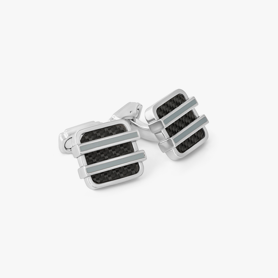 THOMPSON Carbon Barred CushionCufflink in Black Carbon Fibre