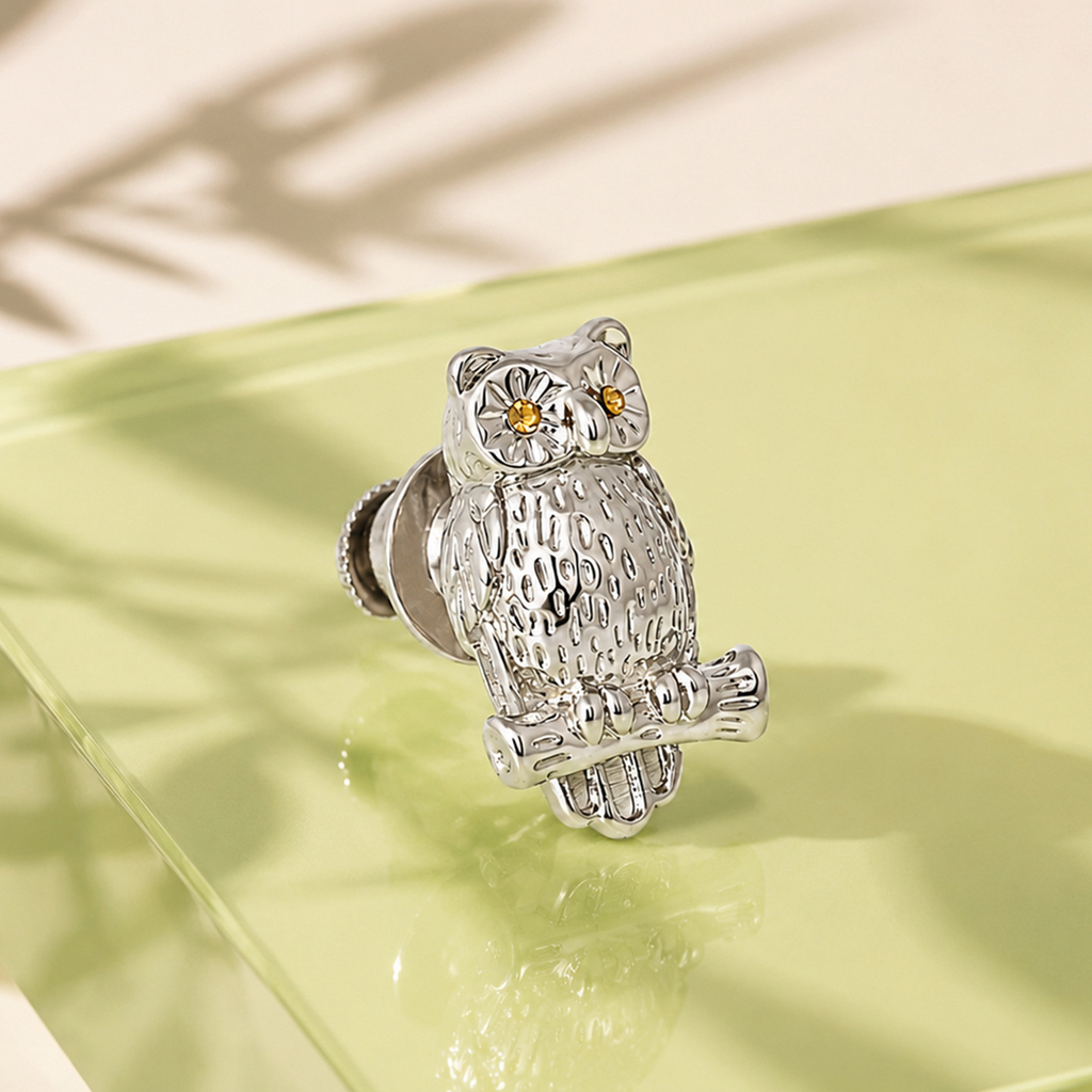 THOMPSON Owl Pin in palladium-plated with Orange Swarovski Crystal