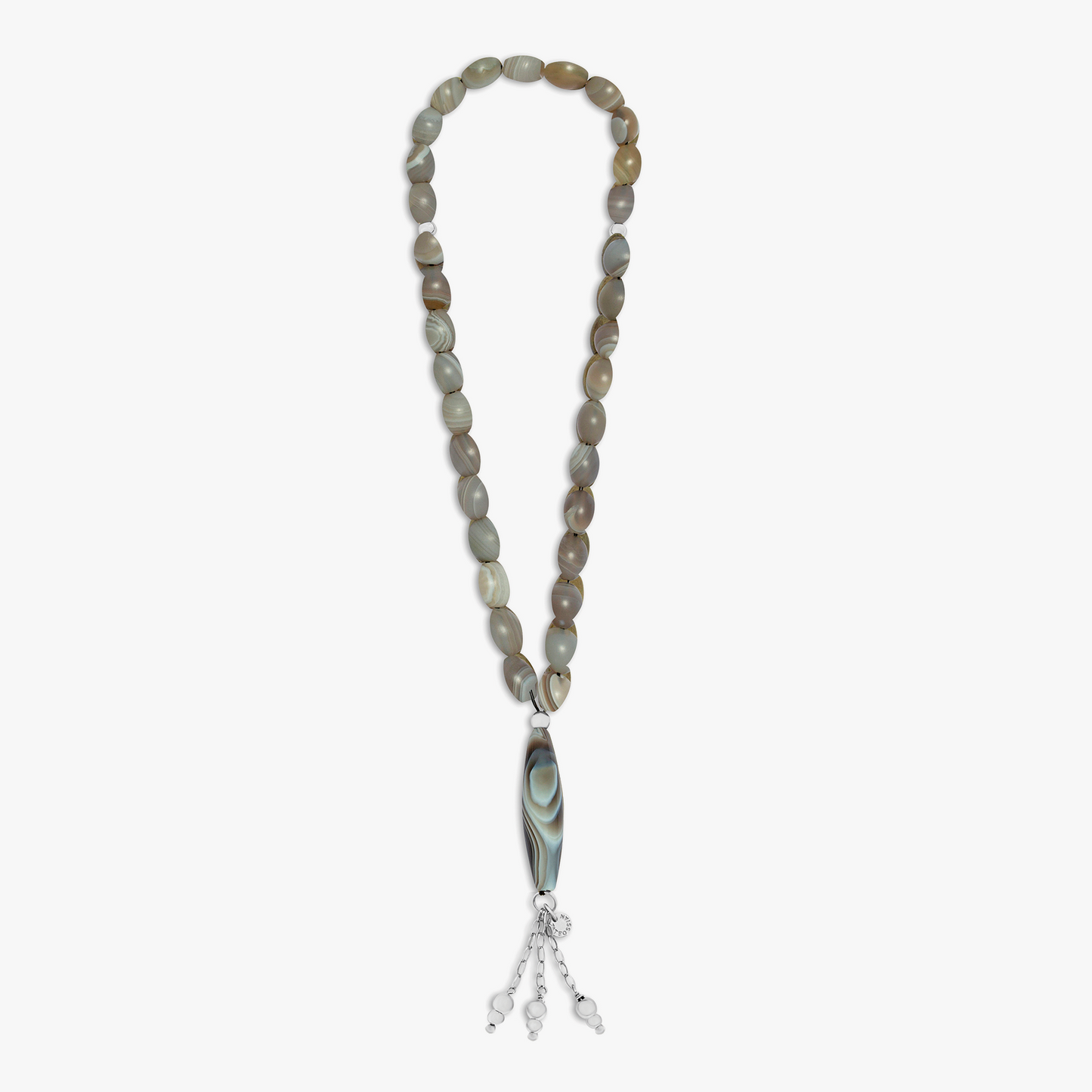 Grey Rhodium Plated Silver Long Smooth Ellipse Agate Worry Beads