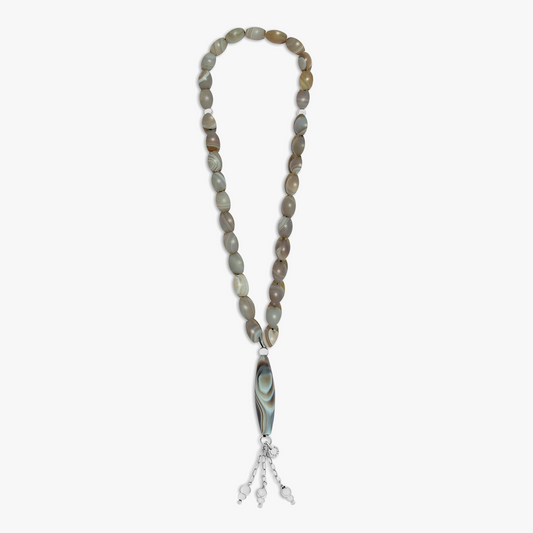 Grey Rhodium Plated Silver Long Smooth Ellipse Agate Worry Beads